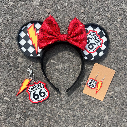 Set of Route 66 Mouse Ears Headband, Earrings and Keychain - ALL 3